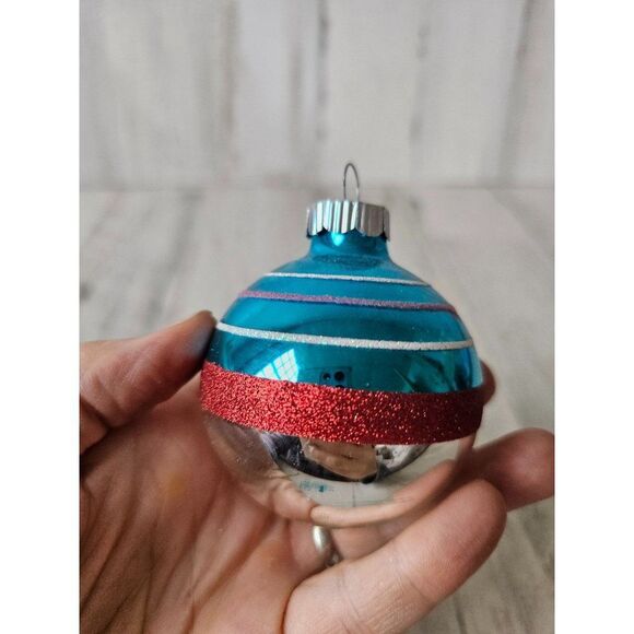 Vintage radko reflector shiny bright blue striped ball ornament silver Xmas tree - Picture 4 of 9
